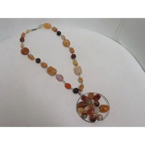 Stone Beaded Necklace  Boho Pendant Wire Translucent Energy Crystals